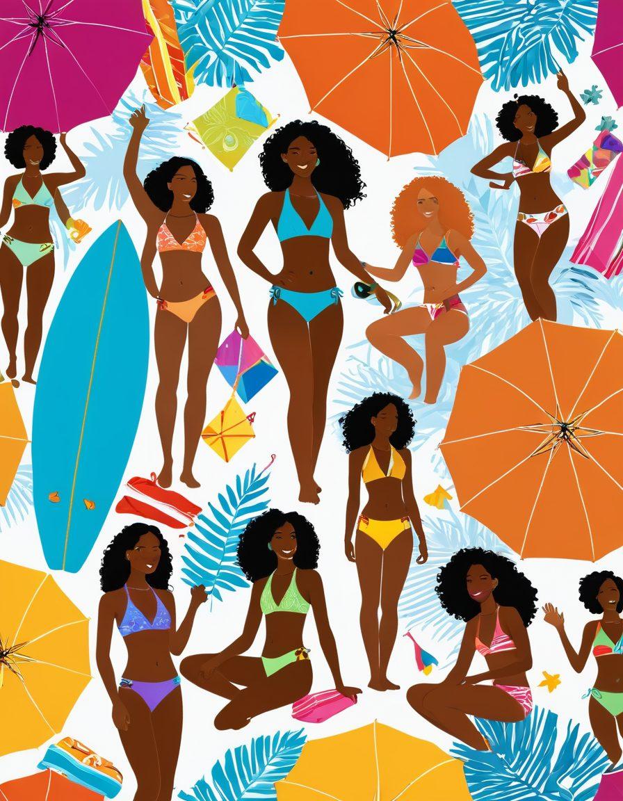 A vibrant beach scene featuring diverse teens in stylish swimwear, happily interacting while enjoying summer activities like surfing, beach volleyball, and designing swimwear. Include elements like colorful beach umbrellas, a surfboard, and a vibrant ocean backdrop to convey a fun and energetic atmosphere. Emphasize the concept of fashion careers with hints of design sketches and sewing tools on a beach towel. bright and playful colors. 3D. summer vibe.